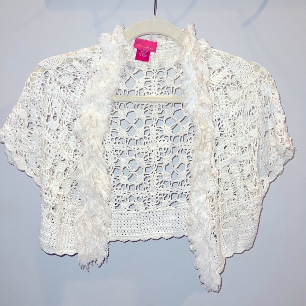 Betsy Johnson white crotchet shrug with beaded design all over. Worn once!